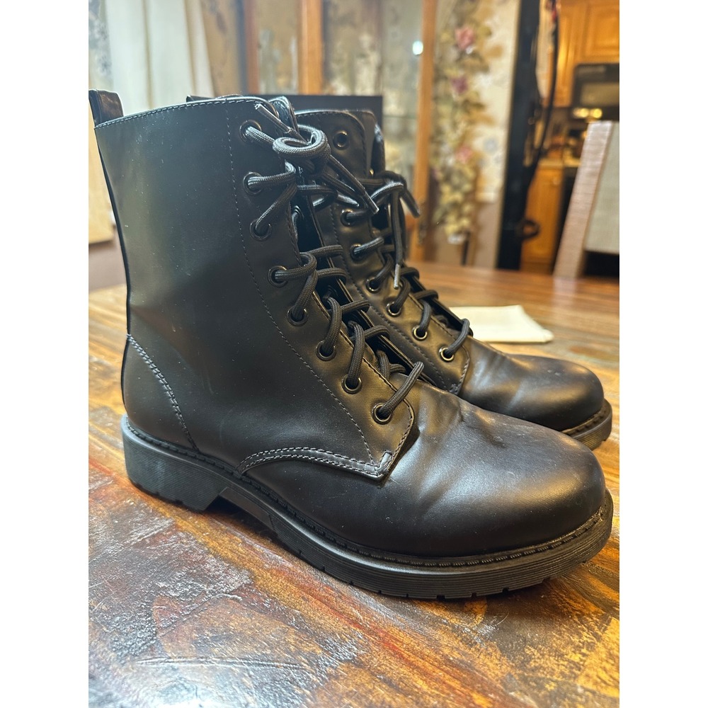 Time and Tru Womens Black Lace Up Side Zip Combat Boots Memory Foam 8.5W Wide